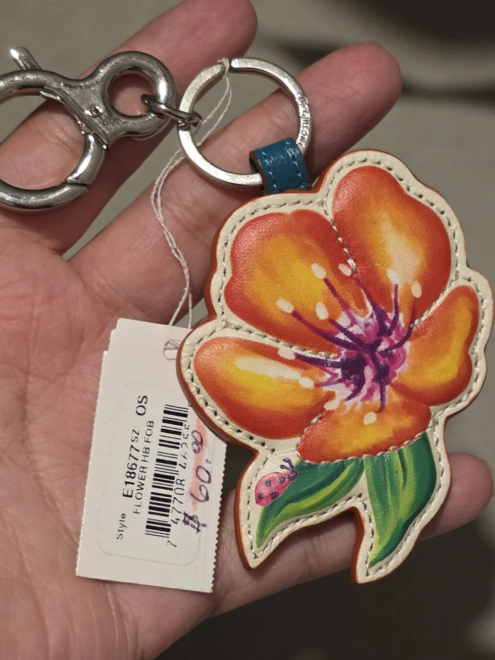 Brighton Flower Floral Leather Key Fob in Orange Keychain Handbag Holder NEW